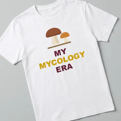 Minimalist mushroom graphic t-shirt featuring earthy tones with text above