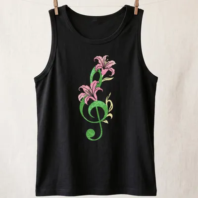 Vintage floral design with musical notes and flowers featuring the text Symphony In Bloom — printed on a tank top