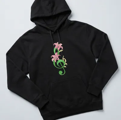 Vintage floral design with musical notes and flowers featuring the text Symphony In Bloom — printed on a unisex hoodie