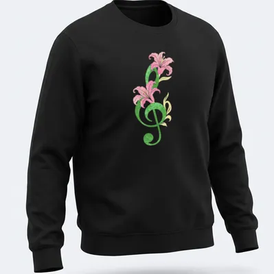 Vintage floral design with musical notes and flowers featuring the text Symphony In Bloom — printed on a unisex sweatshirt