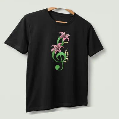 Vintage floral design with musical notes and flowers featuring the text Symphony In Bloom — printed on a unisex t-shirt (angled view)