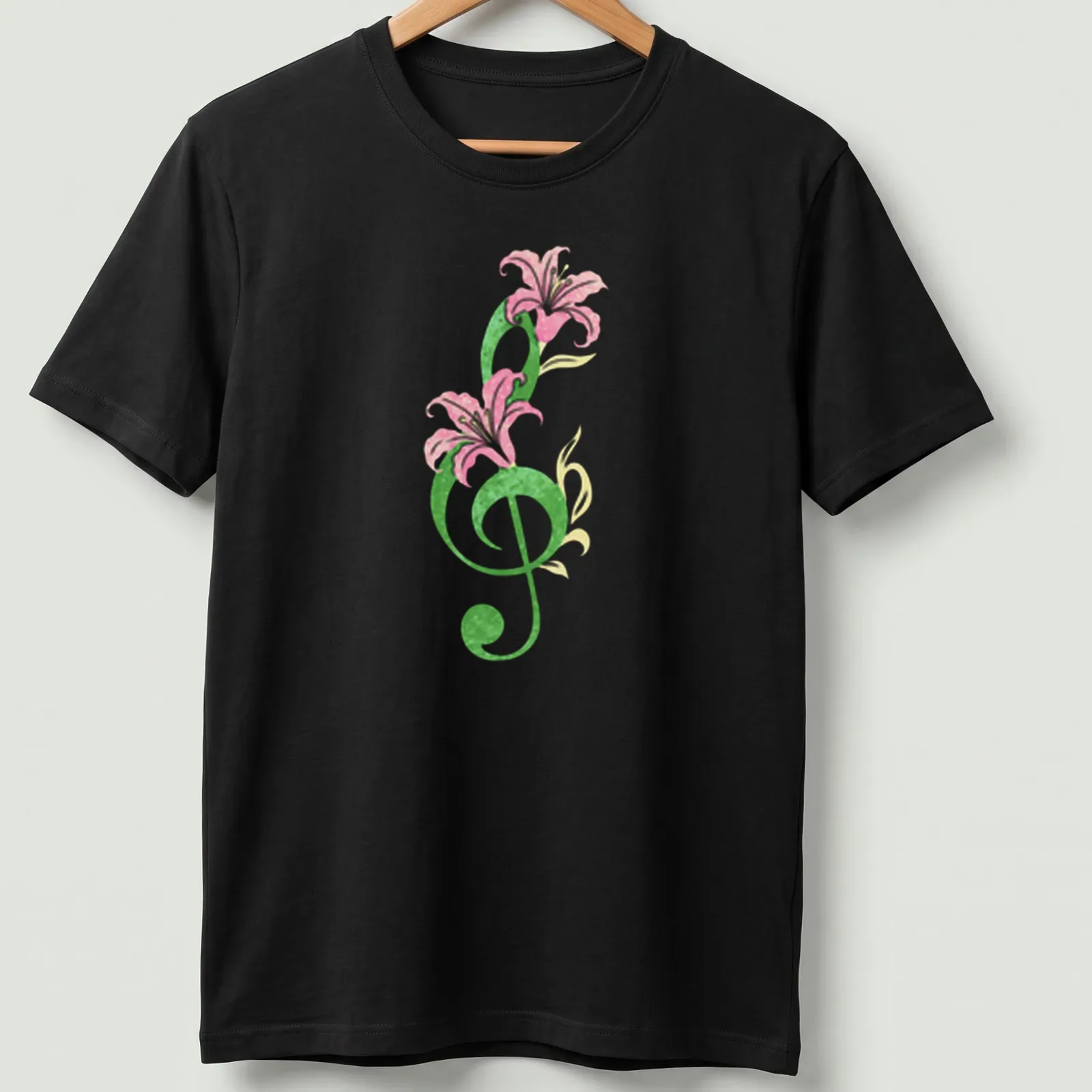 Vintage floral design with musical notes and flowers featuring the text Symphony In Bloom — printed on a unisex t-shirt