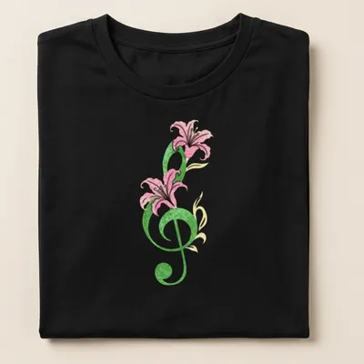 Vintage floral design with musical notes and flowers featuring the text Symphony In Bloom — printed on a women's shirt