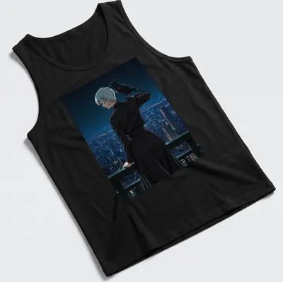 Contemporary manga character with a crow over an urban skyline in black and grey — printed on a tank top