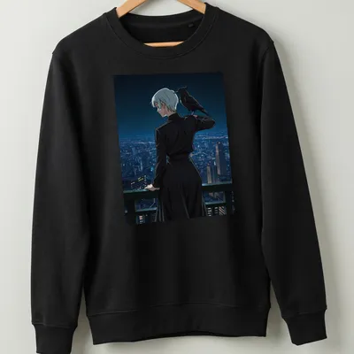 Contemporary manga character with a crow over an urban skyline in black and grey — printed on a unisex sweatshirt