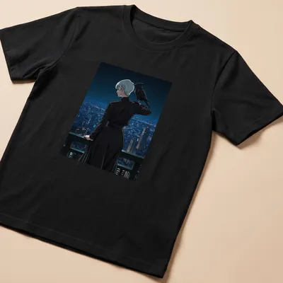 Contemporary manga character with a crow over an urban skyline in black and grey