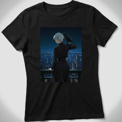 Contemporary manga character with a crow over an urban skyline in black and grey — printed on a women's shirt