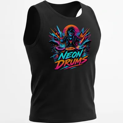 Retro pop t-shirt featuring neon colors and a drummer illustration with bold lettering — printed on a tank top