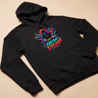 Retro pop t-shirt featuring neon colors and a drummer illustration with bold lettering — printed on a unisex hoodie