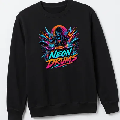 Retro pop t-shirt featuring neon colors and a drummer illustration with bold lettering — printed on a unisex sweatshirt