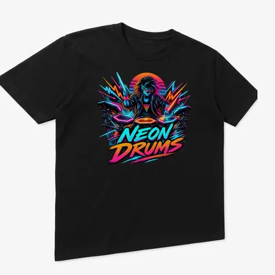 Retro pop t-shirt featuring neon colors and a drummer illustration with bold lettering — printed on a unisex t-shirt (angled view)