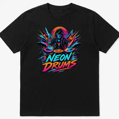 Retro pop t-shirt featuring neon colors and a drummer illustration with bold lettering