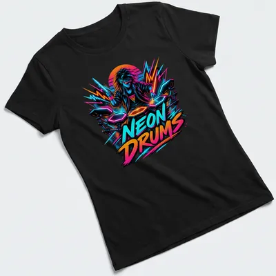 Retro pop t-shirt featuring neon colors and a drummer illustration with bold lettering — printed on a women's shirt