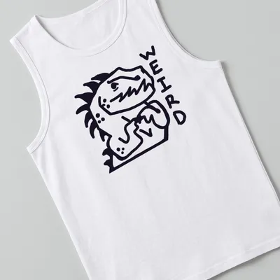 Bold line-art Nervous Dinosaur with the word WEIRD above it in black and white — printed on a tank top