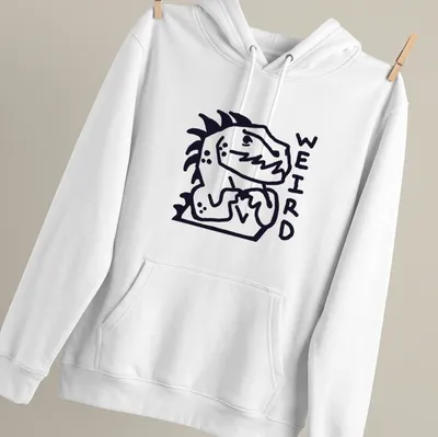 Bold line-art Nervous Dinosaur with the word WEIRD above it in black and white — printed on a unisex hoodie