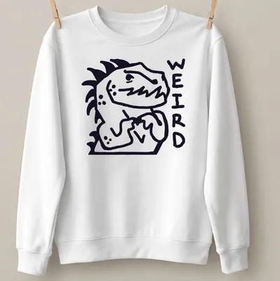 Bold line-art Nervous Dinosaur with the word WEIRD above it in black and white — printed on a unisex sweatshirt