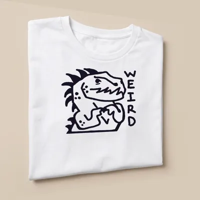 Bold line-art Nervous Dinosaur with the word WEIRD above it in black and white — printed on a unisex t-shirt (angled view)