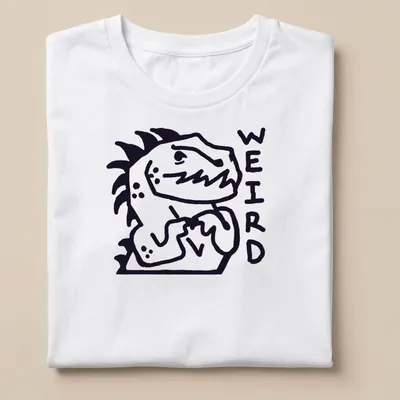Bold line-art Nervous Dinosaur with the word WEIRD above it in black and white