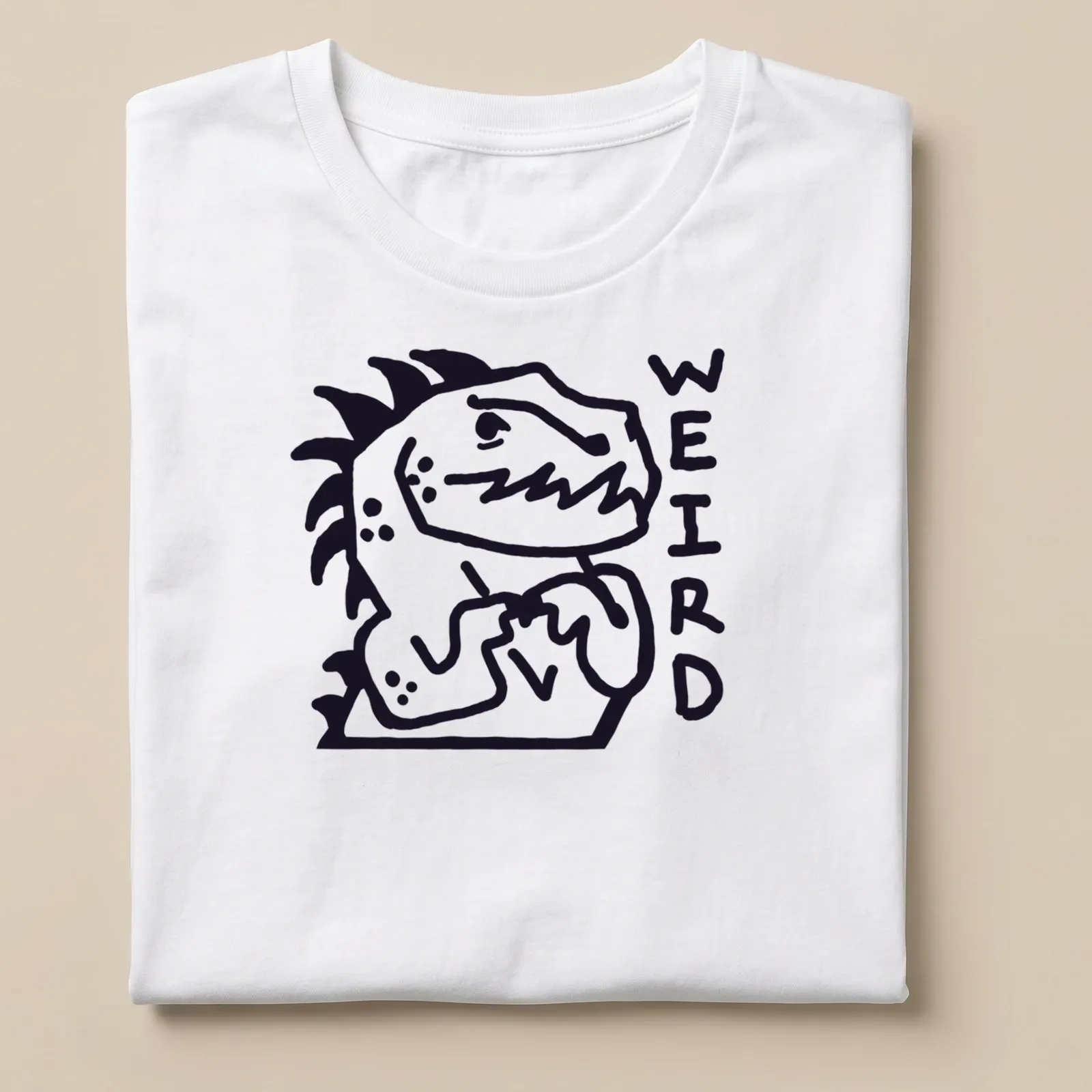 Bold line-art Nervous Dinosaur with the word WEIRD above it in black and white — printed on a unisex t-shirt