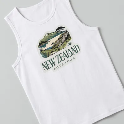 Vintage illustration of New Zealand landscape with text 'New Zealand Aotearoa' — printed on a tank top