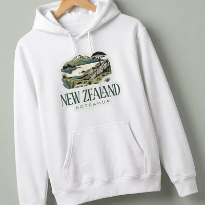 Vintage illustration of New Zealand landscape with text 'New Zealand Aotearoa' — printed on a unisex hoodie