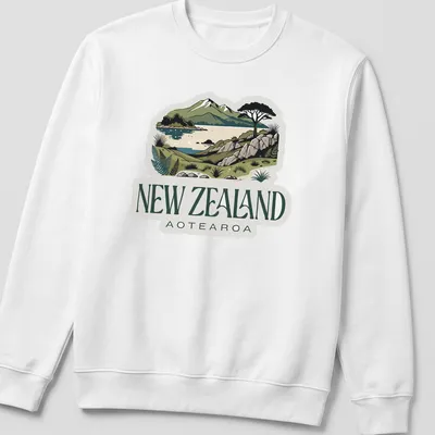 Vintage illustration of New Zealand landscape with text 'New Zealand Aotearoa' — printed on a unisex sweatshirt