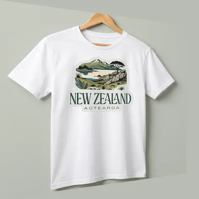 Vintage illustration of New Zealand landscape with text 'New Zealand Aotearoa' — printed on a unisex t-shirt (angled view)