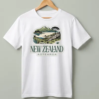 Vintage illustration of New Zealand landscape with text 'New Zealand Aotearoa'