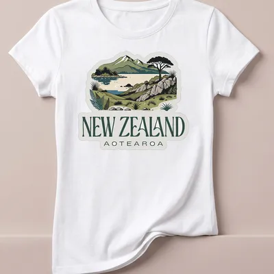 Vintage illustration of New Zealand landscape with text 'New Zealand Aotearoa' — printed on a women's shirt