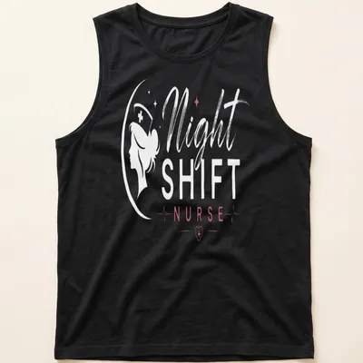 Night Shift Nurse shirt with elegant typography in white, pink, and red — printed on a tank top