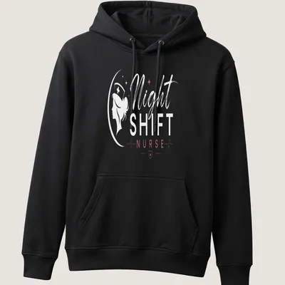 Night Shift Nurse shirt with elegant typography in white, pink, and red — printed on a unisex hoodie