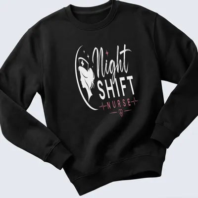Night Shift Nurse shirt with elegant typography in white, pink, and red — printed on a unisex sweatshirt