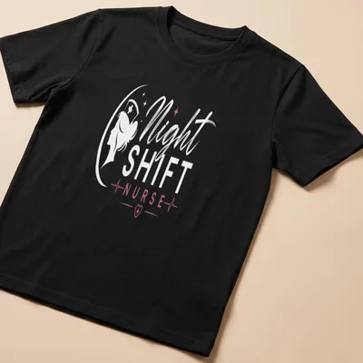 Night Shift Nurse shirt with elegant typography in white, pink, and red