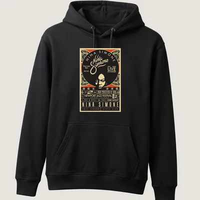 Vintage concert poster design featuring Nina Simone with text details — printed on a unisex hoodie