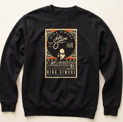 Vintage concert poster design featuring Nina Simone with text details — printed on a unisex sweatshirt
