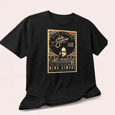 Vintage concert poster design featuring Nina Simone with text details — printed on a unisex t-shirt (angled view)