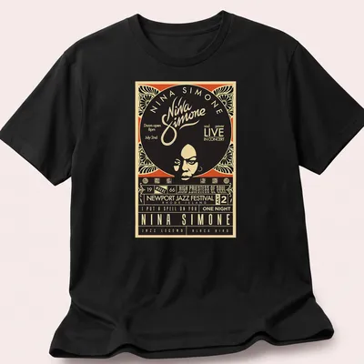Vintage concert poster design featuring Nina Simone with text details