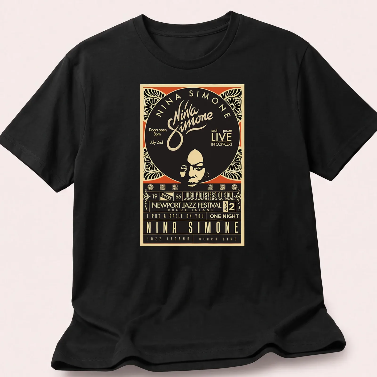 Vintage concert poster design featuring Nina Simone with text details — printed on a unisex t-shirt