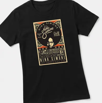 Vintage concert poster design featuring Nina Simone with text details — printed on a women's shirt