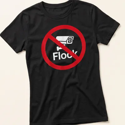 Bold graphic t-shirt featuring 'No Flock' text on a red background. — printed on a women's shirt