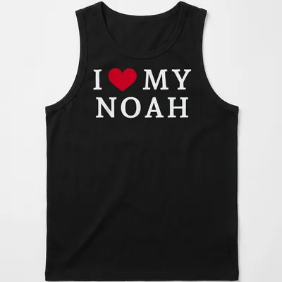 Red and white typography t-shirt with I ❤️ MY NOAH — printed on a tank top