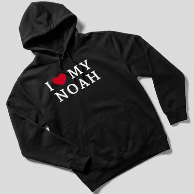 Red and white typography t-shirt with I ❤️ MY NOAH — printed on a unisex hoodie
