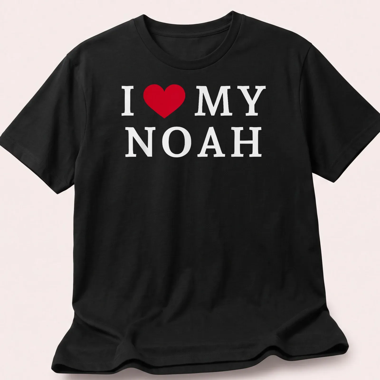 Red and white typography t-shirt with I ❤️ MY NOAH — printed on a unisex t-shirt