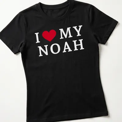 Red and white typography t-shirt with I ❤️ MY NOAH — printed on a women's shirt