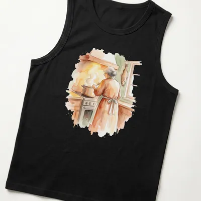 Watercolor illustration of Nonna cooking seven fishes for Christmas Eve in warm colors — printed on a tank top