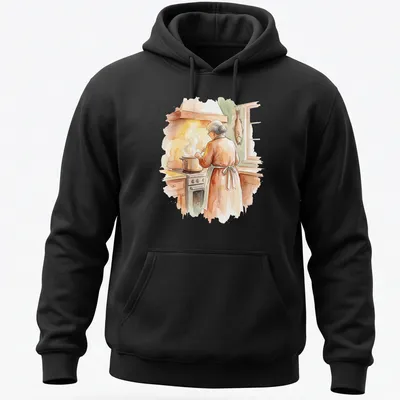 Watercolor illustration of Nonna cooking seven fishes for Christmas Eve in warm colors — printed on a unisex hoodie
