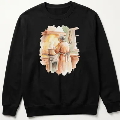 Watercolor illustration of Nonna cooking seven fishes for Christmas Eve in warm colors — printed on a unisex sweatshirt