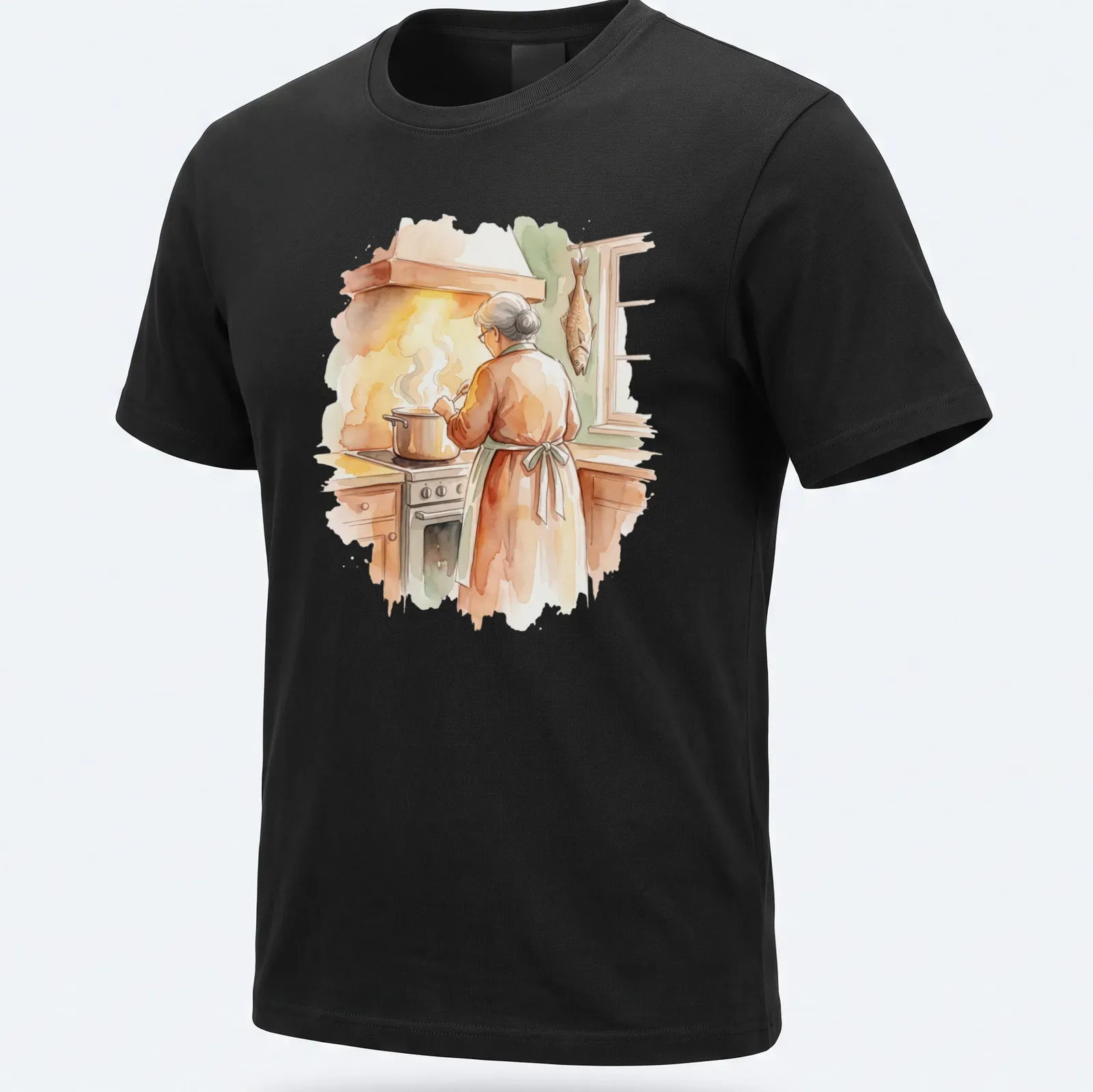 Watercolor illustration of Nonna cooking seven fishes for Christmas Eve in warm colors — printed on a unisex t-shirt