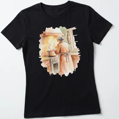 Watercolor illustration of Nonna cooking seven fishes for Christmas Eve in warm colors — printed on a women's shirt