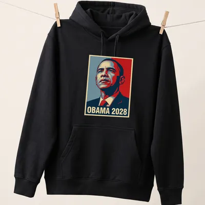 Vintage poster style shirt featuring Obama and the text OBAMA 2028 — printed on a unisex hoodie